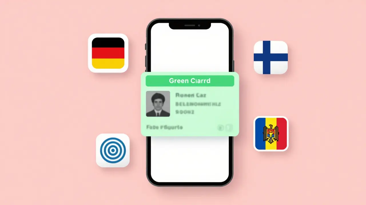 Электронная зеленая карта на смартфоне с символами стран