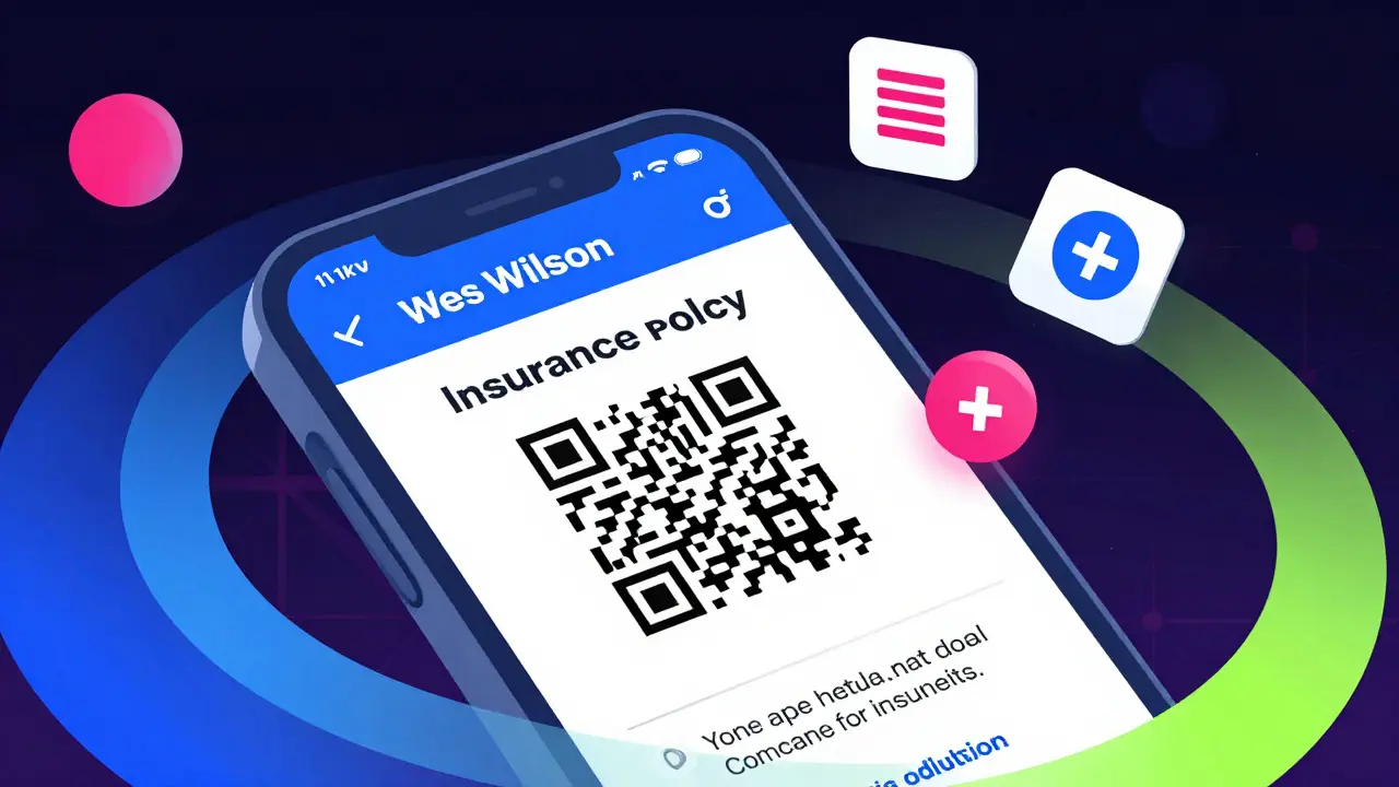 Смартфон с цифровым полисом ОСАГО и QR-кодом в психоделическом стиле