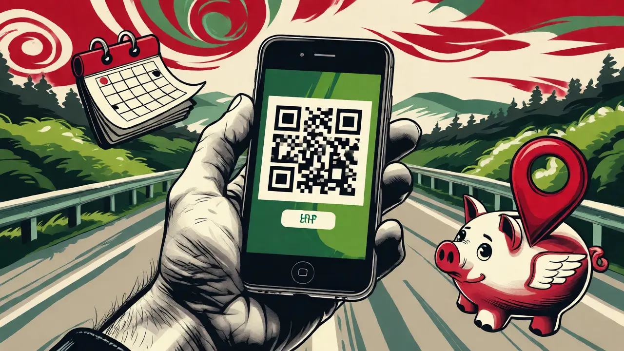 Рука с телефоном и QR-кодом среди символов экономии и путешествий